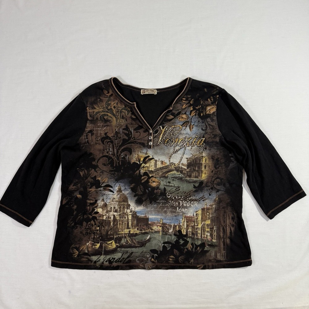 y2k Blue Canyon Petite Top Women's Sz PXL 3/4 Sleeve shirt Venezia 100% Cotton